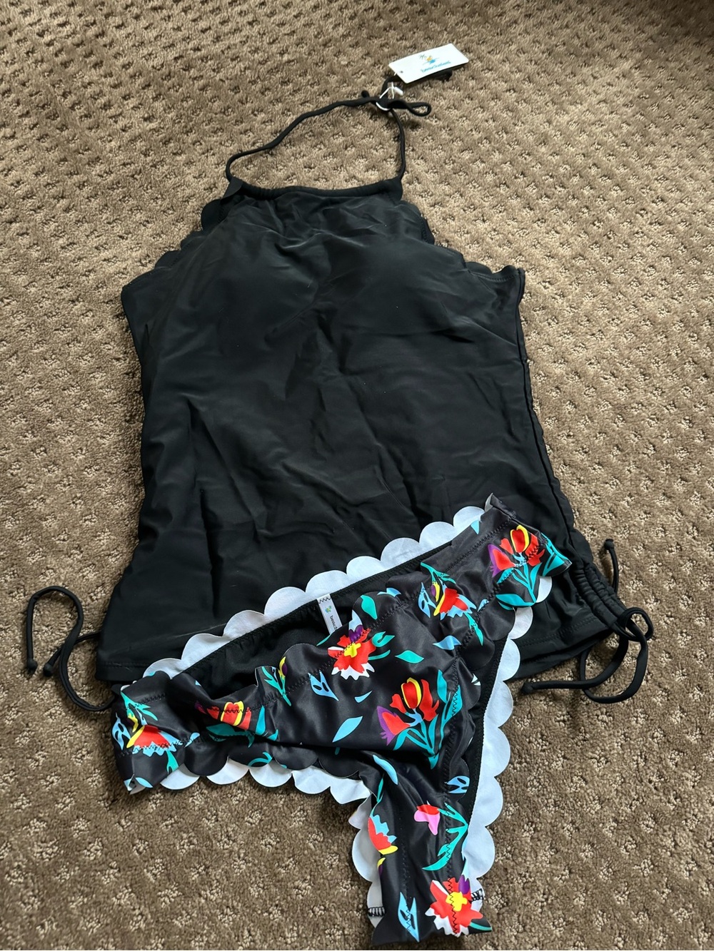 Women’s Black Floral Scalloped Bikini Set - Halter Tankini Top and Floral Bottom